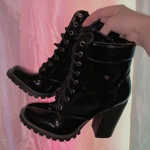 Black shiny lace up booties with heels